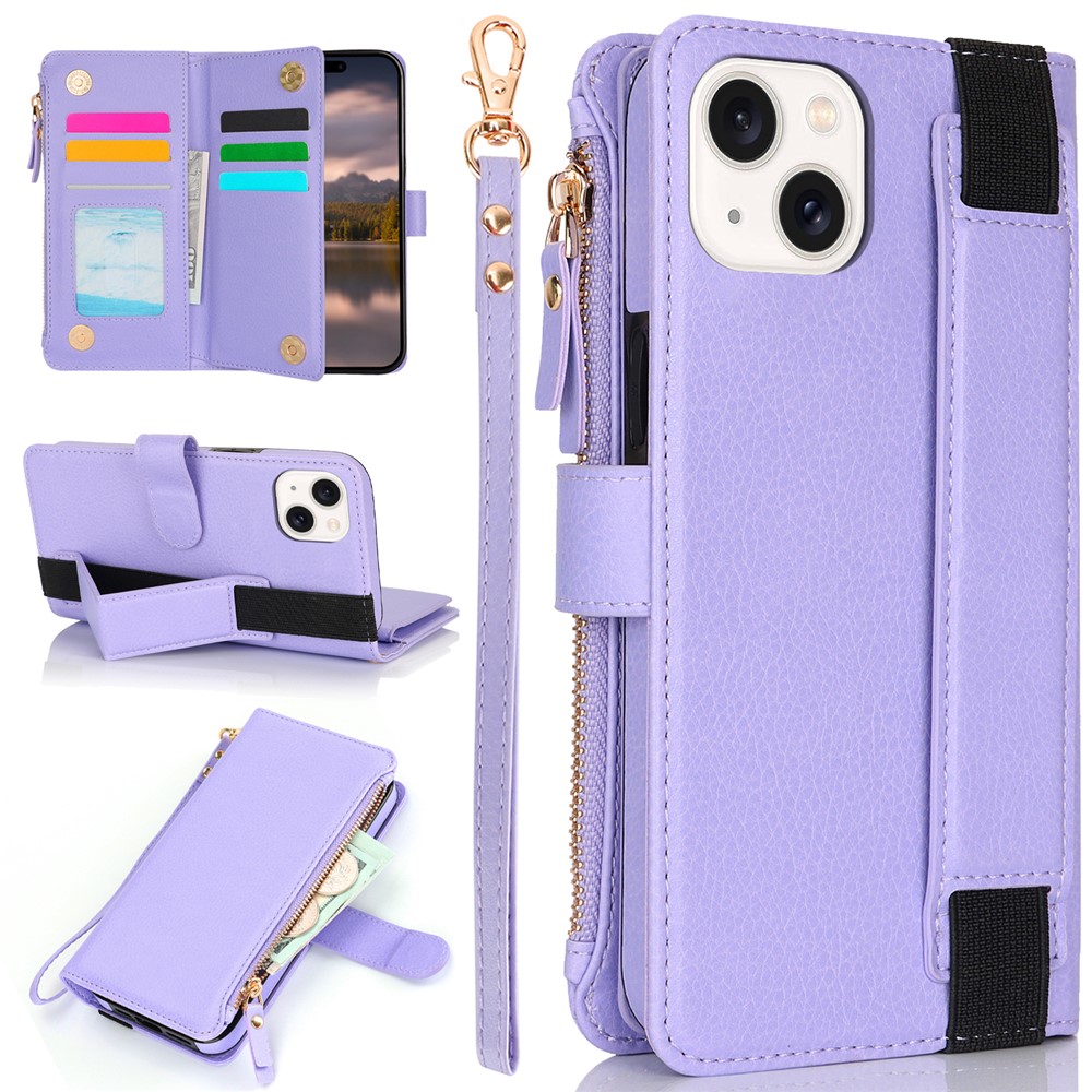XL-001 For iPhone 15 Plus Case Zipper Pocket Wristband Stand Leather Phone Cover - Purple