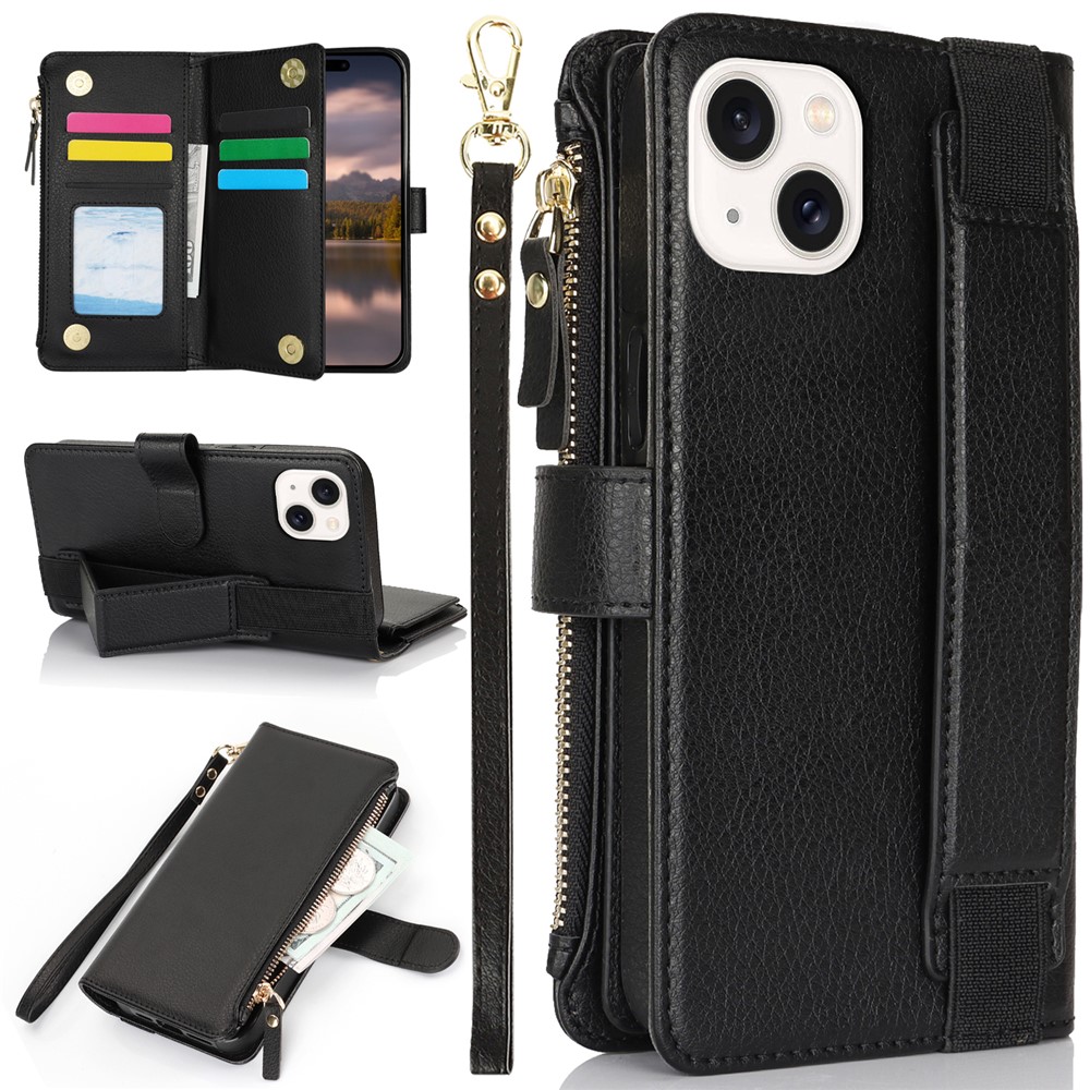 XL-001 For iPhone 15 Plus Case Zipper Pocket Wristband Stand Leather Phone Cover - Black