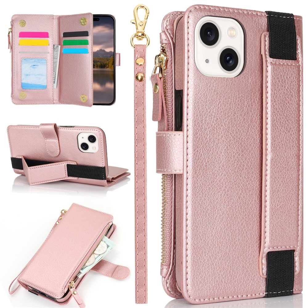 XL-001 For iPhone 15 Plus Case Zipper Pocket Wristband Stand Leather Phone Cover - Pink
