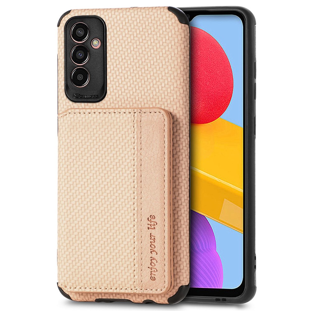 For Samsung Galaxy M13 4G RFID Blocking Wallet Case Carbon Fiber Texture PU Leather Coated TPU Protective Cover with Kickstand - Khaki-1