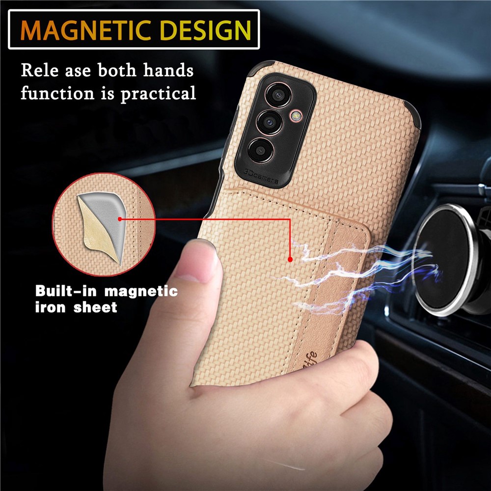 For Samsung Galaxy M13 4G RFID Blocking Wallet Case Carbon Fiber Texture PU Leather Coated TPU Protective Cover with Kickstand - Khaki-10