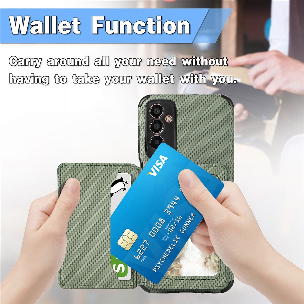 For Samsung Galaxy M13 4G RFID Blocking Wallet Case Carbon Fiber Texture PU Leather Coated TPU Protective Cover with Kickstand - Khaki-11