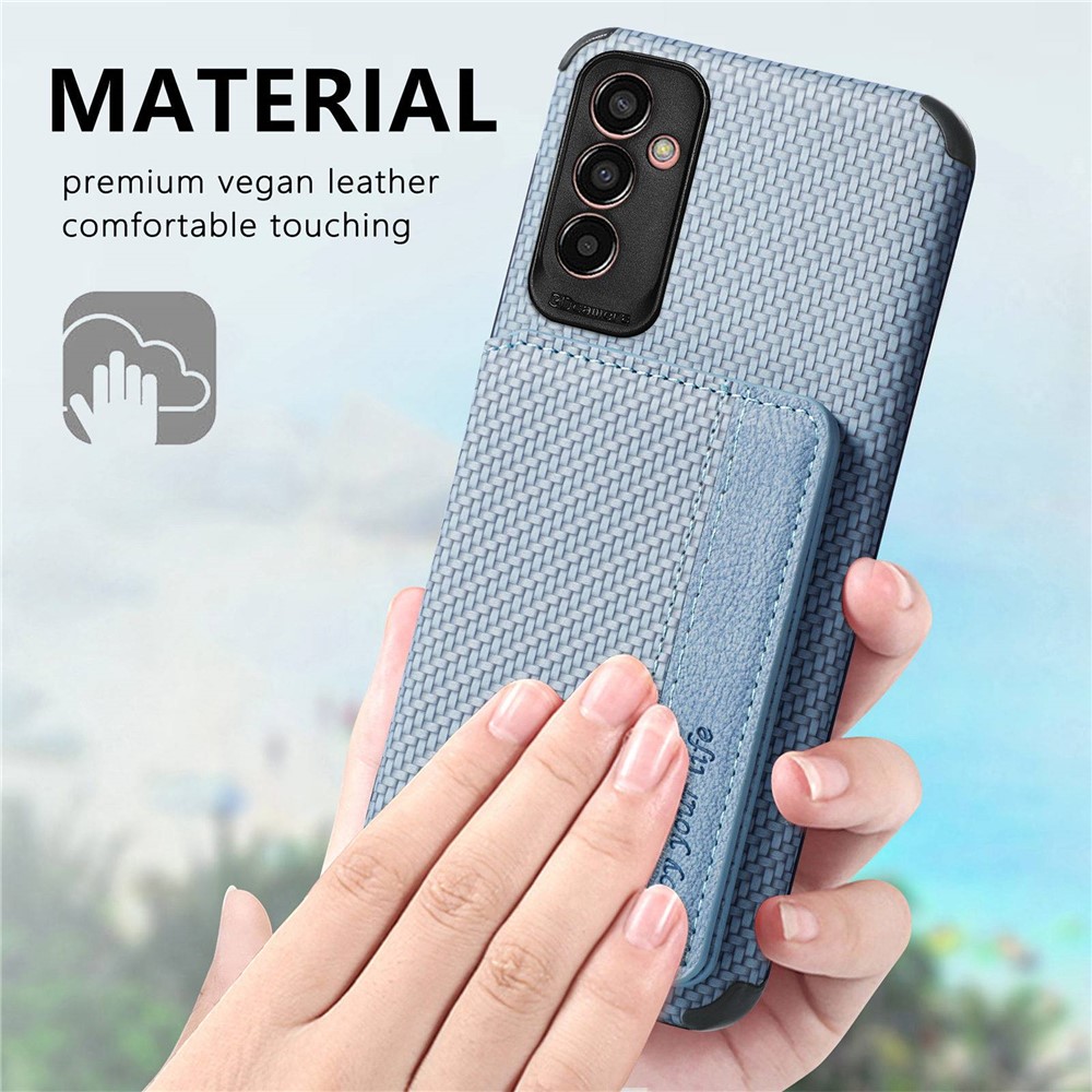 For Samsung Galaxy M13 4G RFID Blocking Wallet Case Carbon Fiber Texture PU Leather Coated TPU Protective Cover with Kickstand - Khaki-12