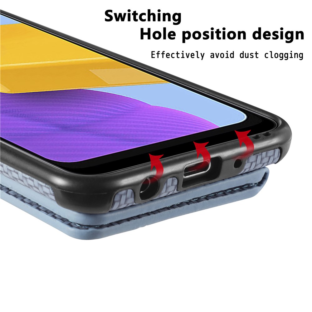For Samsung Galaxy M13 4G RFID Blocking Wallet Case Carbon Fiber Texture PU Leather Coated TPU Protective Cover with Kickstand - Khaki-13