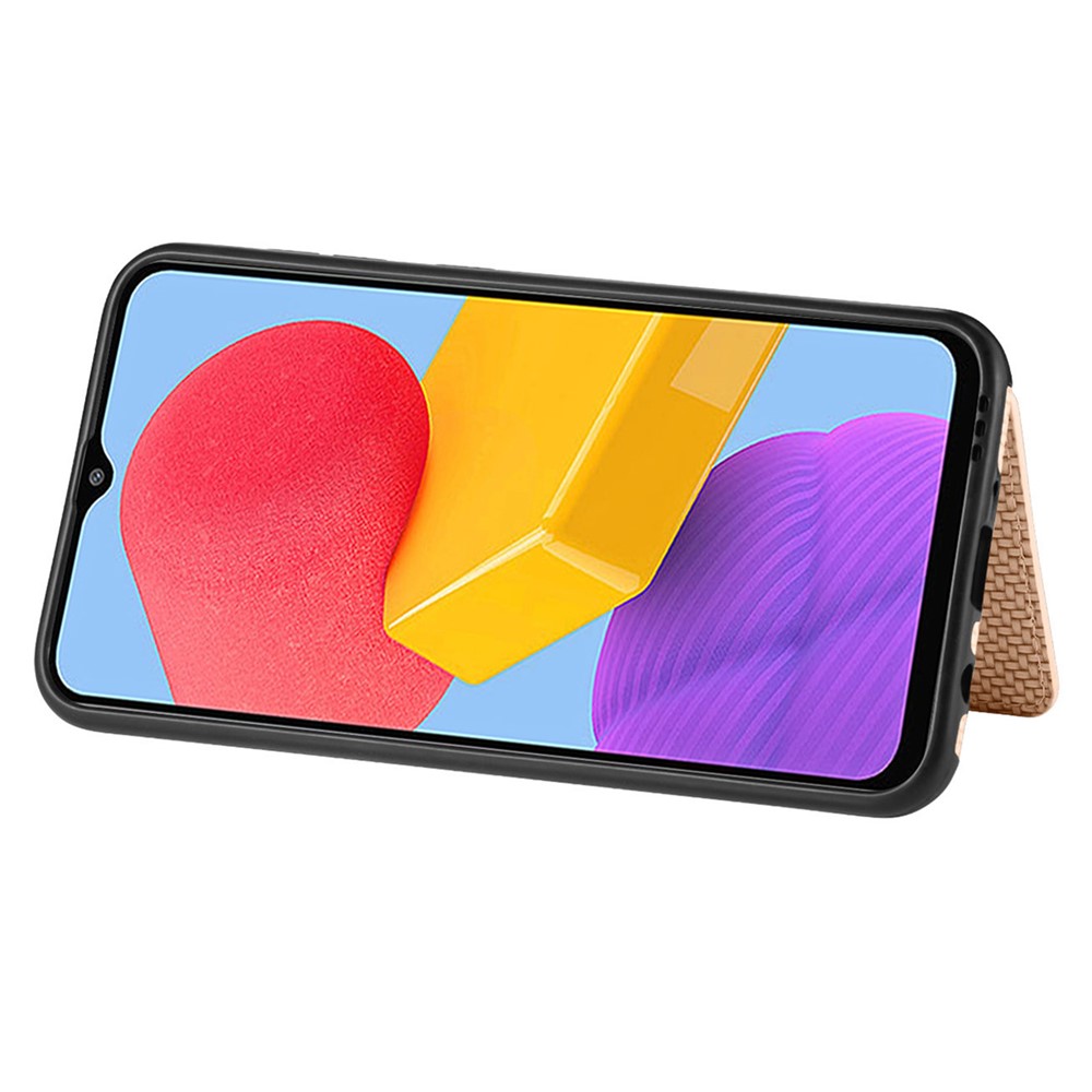 For Samsung Galaxy M13 4G RFID Blocking Wallet Case Carbon Fiber Texture PU Leather Coated TPU Protective Cover with Kickstand - Khaki-2