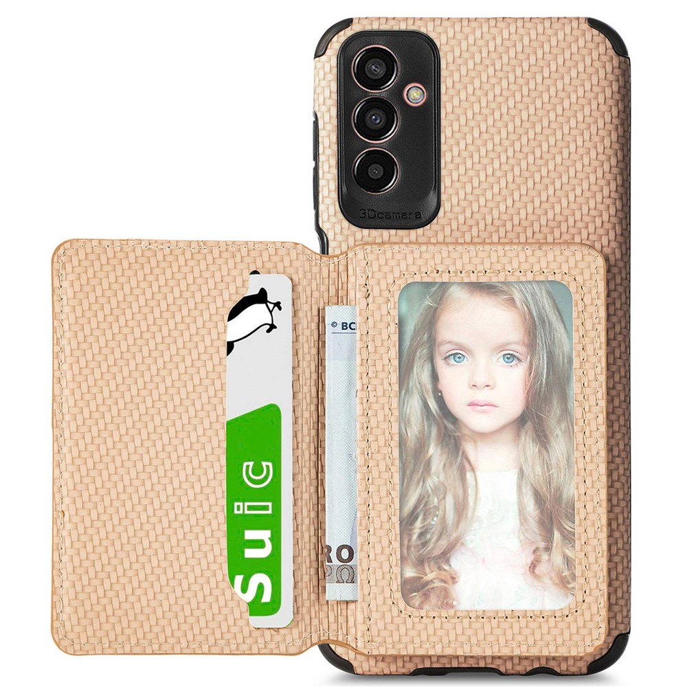 For Samsung Galaxy M13 4G RFID Blocking Wallet Case Carbon Fiber Texture PU Leather Coated TPU Protective Cover with Kickstand - Khaki-3