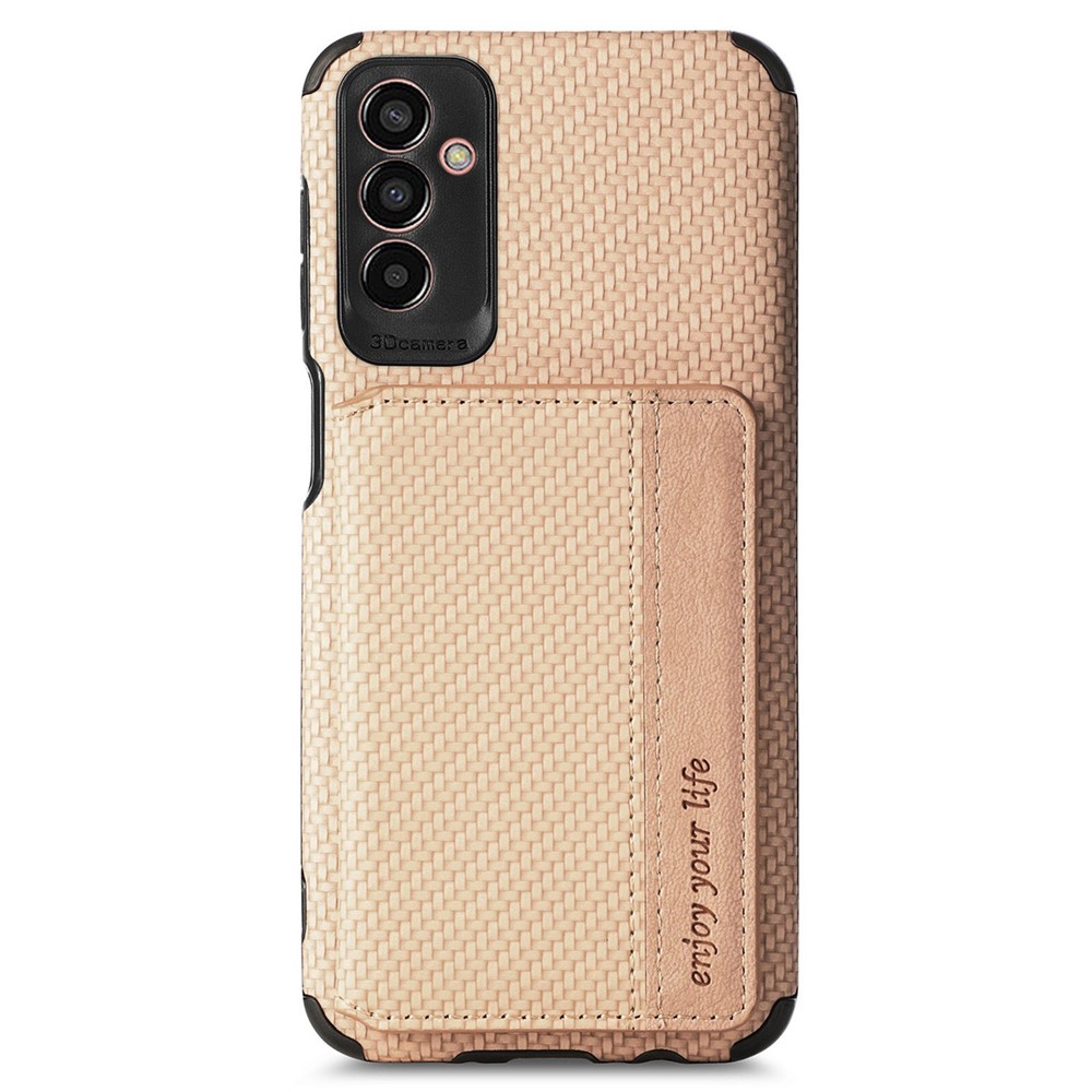 For Samsung Galaxy M13 4G RFID Blocking Wallet Case Carbon Fiber Texture PU Leather Coated TPU Protective Cover with Kickstand - Khaki-5