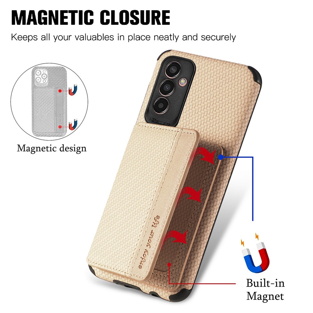For Samsung Galaxy M13 4G RFID Blocking Wallet Case Carbon Fiber Texture PU Leather Coated TPU Protective Cover with Kickstand - Khaki-6