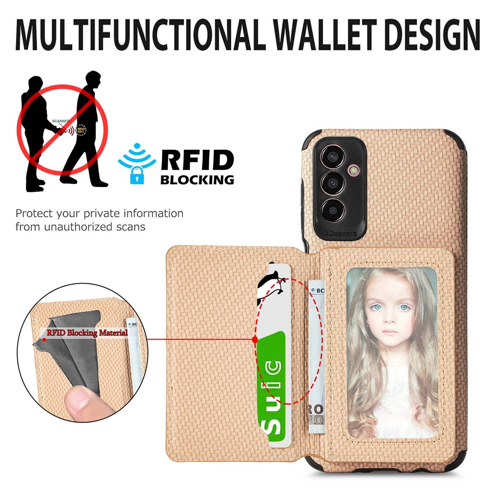 For Samsung Galaxy M13 4G RFID Blocking Wallet Case Carbon Fiber Texture PU Leather Coated TPU Protective Cover with Kickstand - Khaki-7