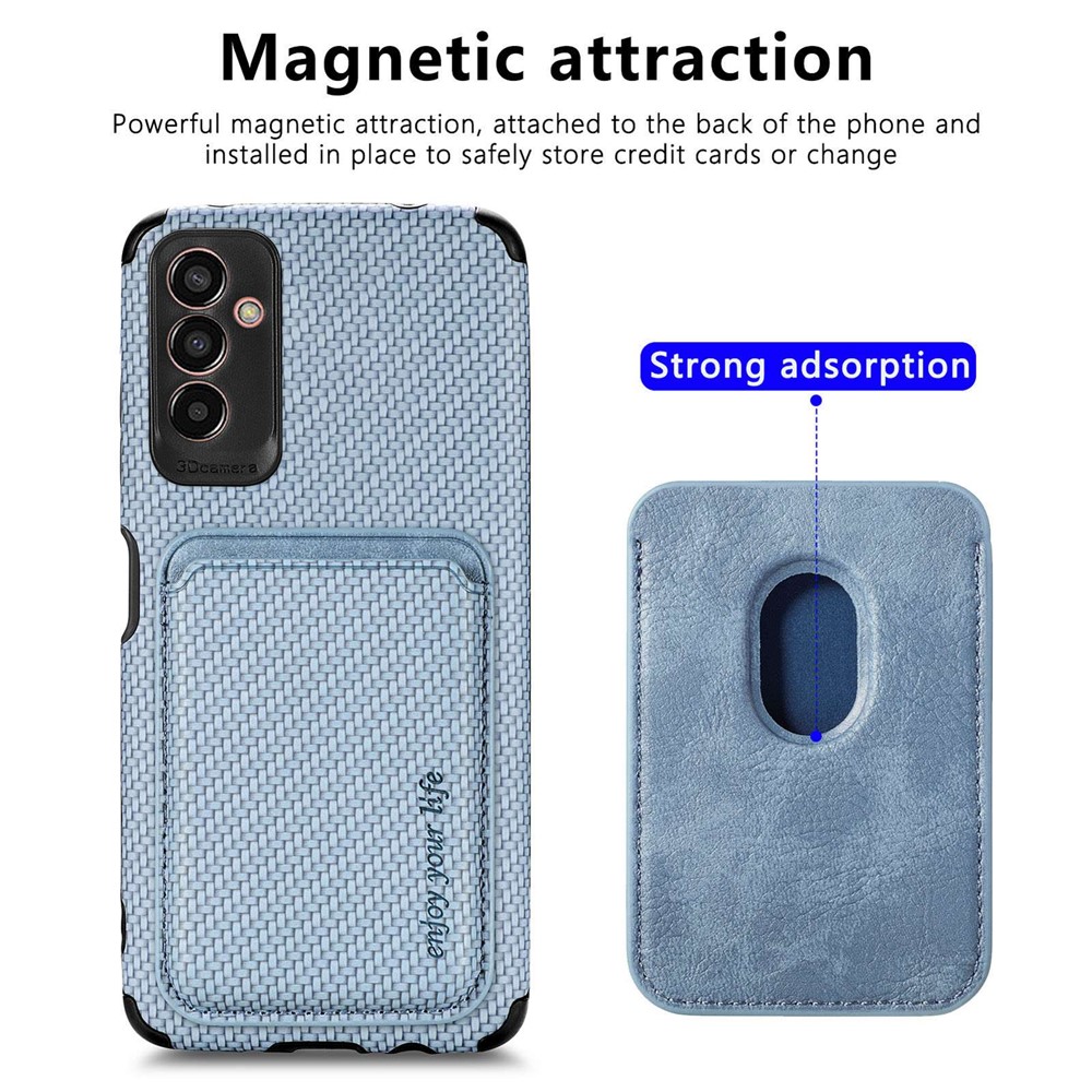 For Samsung Galaxy M13 4G Detachable Magnetic Phone Case Carbon Fiber Texture PU Leather + TPU + PVC Cover with Card Holder Slot - Blue-3