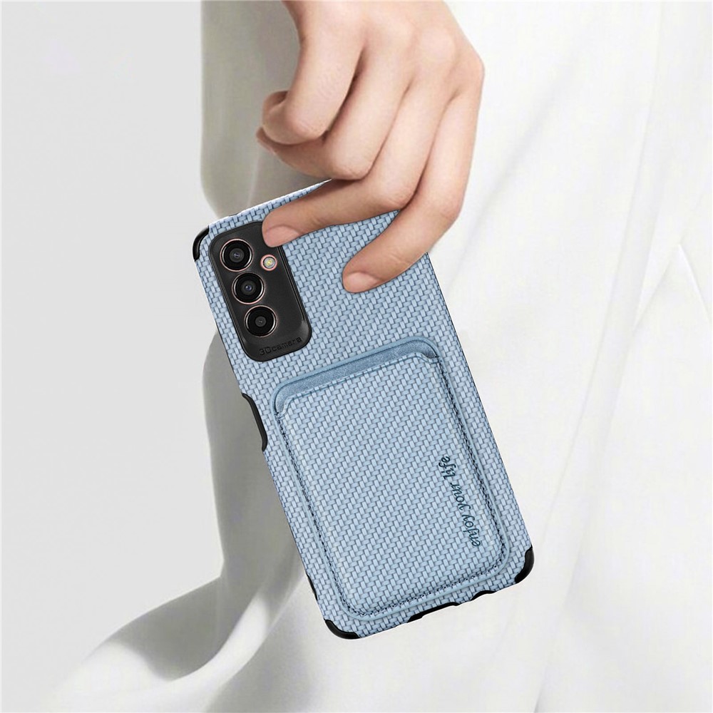 For Samsung Galaxy M13 4G Detachable Magnetic Phone Case Carbon Fiber Texture PU Leather + TPU + PVC Cover with Card Holder Slot - Blue-7