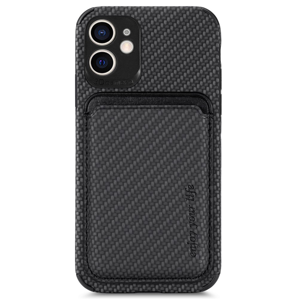 For iPhone 12 mini 5.4 inch Carbon Fiber Texture Detachable Card Holder Case PU Leather + TPU + PVC Magnetic Removable Protective Cover - Black-1