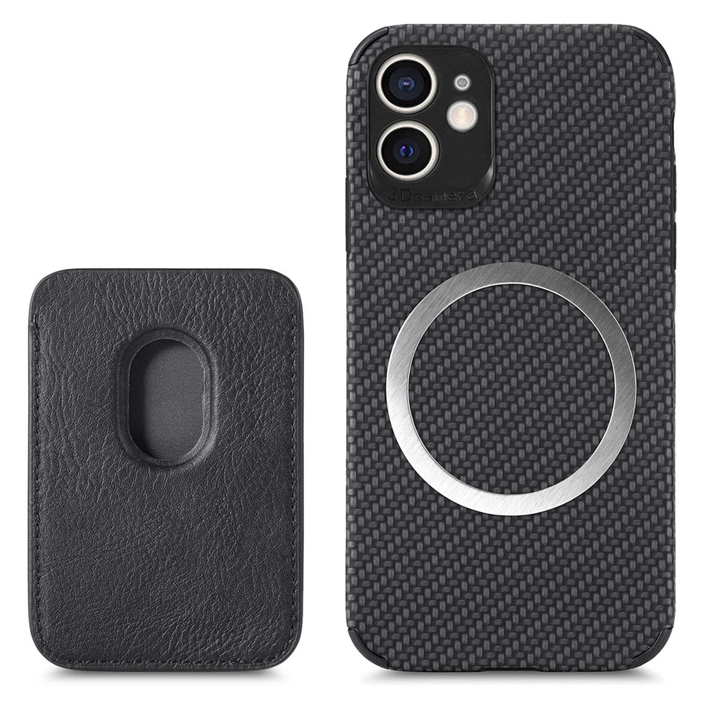 For iPhone 12 mini 5.4 inch Carbon Fiber Texture Detachable Card Holder Case PU Leather + TPU + PVC Magnetic Removable Protective Cover - Black-2