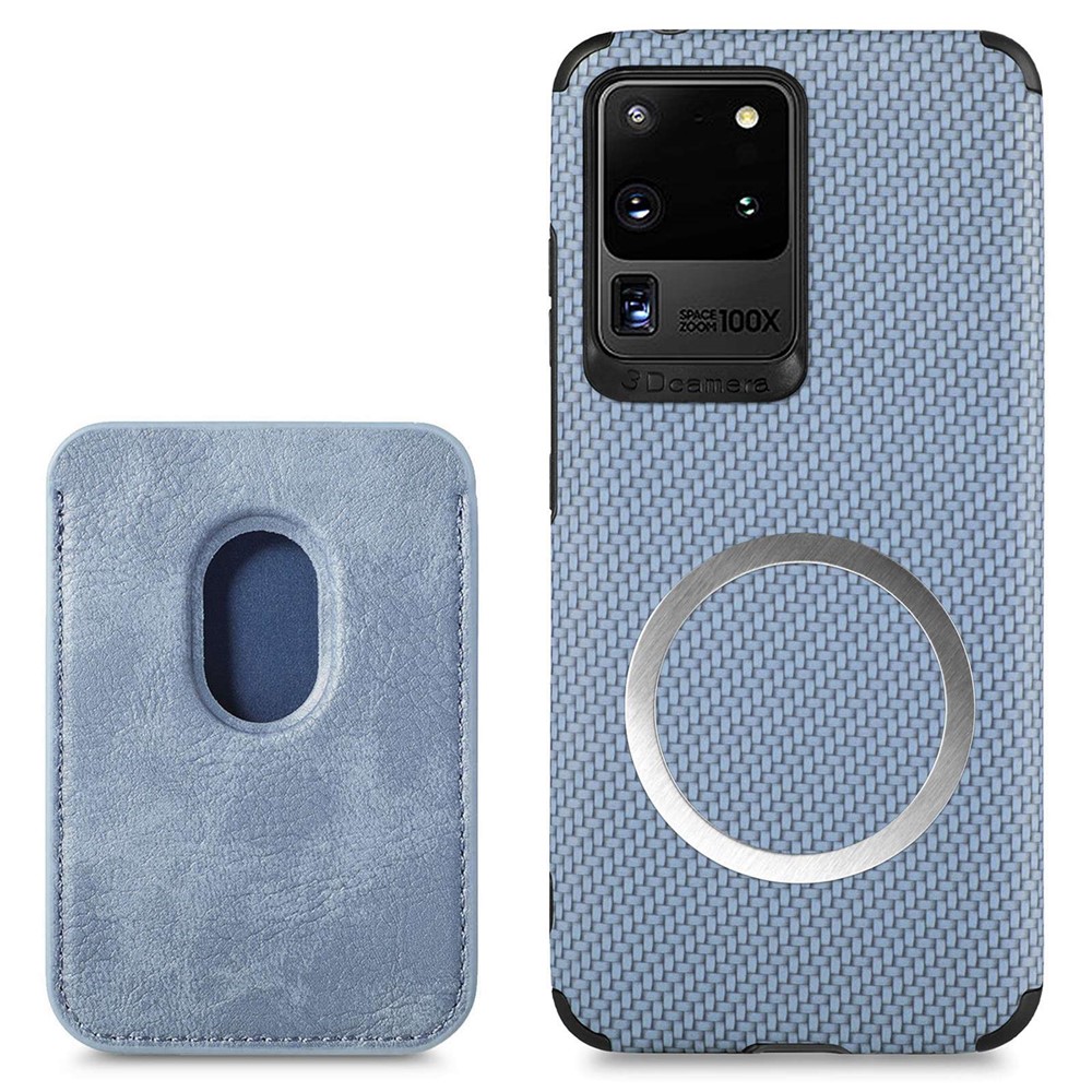 For Samsung Galaxy S20 Ultra 4G / 5G Carbon Fiber Texture 2-in-1 Detachable Back Case PU Leather + TPU + PVC Magnetic Cover with Card Holder - Blue-3