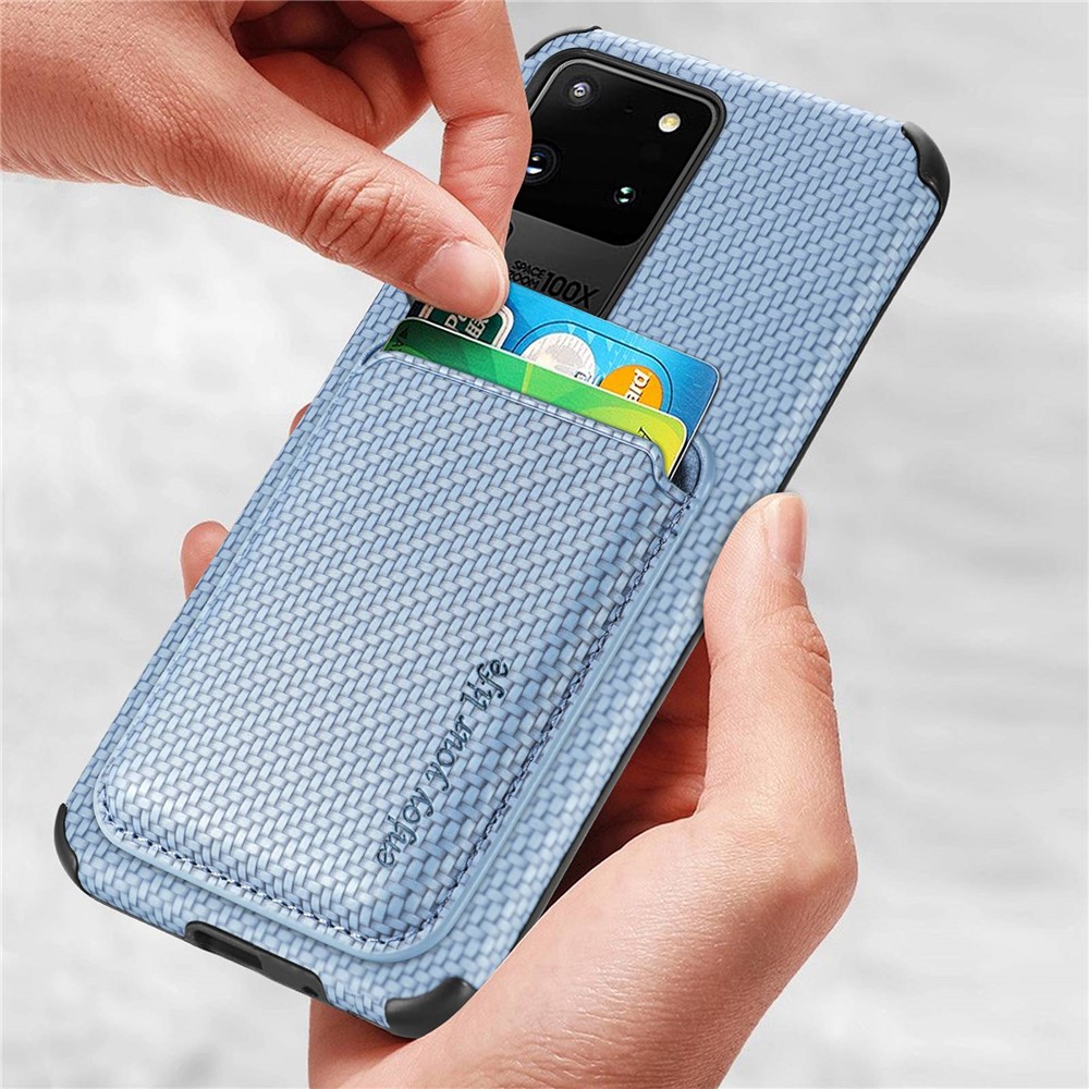 For Samsung Galaxy S20 Ultra 4G / 5G Carbon Fiber Texture 2-in-1 Detachable Back Case PU Leather + TPU + PVC Magnetic Cover with Card Holder - Blue-8