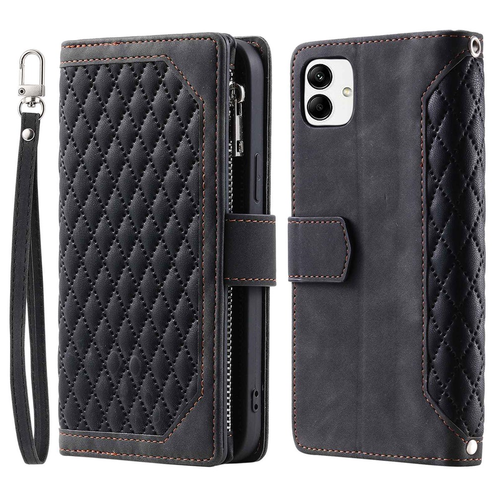 For Samsung Galaxy A04 4G 005 Style PU Leather Magnetic Handbag Rhombus Imprinted Zipper Pocket Multiple Card Slots Wallet Stand Cover with Wrist Strap - Black-1