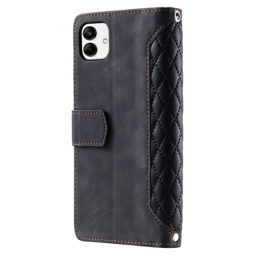 For Samsung Galaxy A04 4G 005 Style PU Leather Magnetic Handbag Rhombus Imprinted Zipper Pocket Multiple Card Slots Wallet Stand Cover with Wrist Strap - Black-10