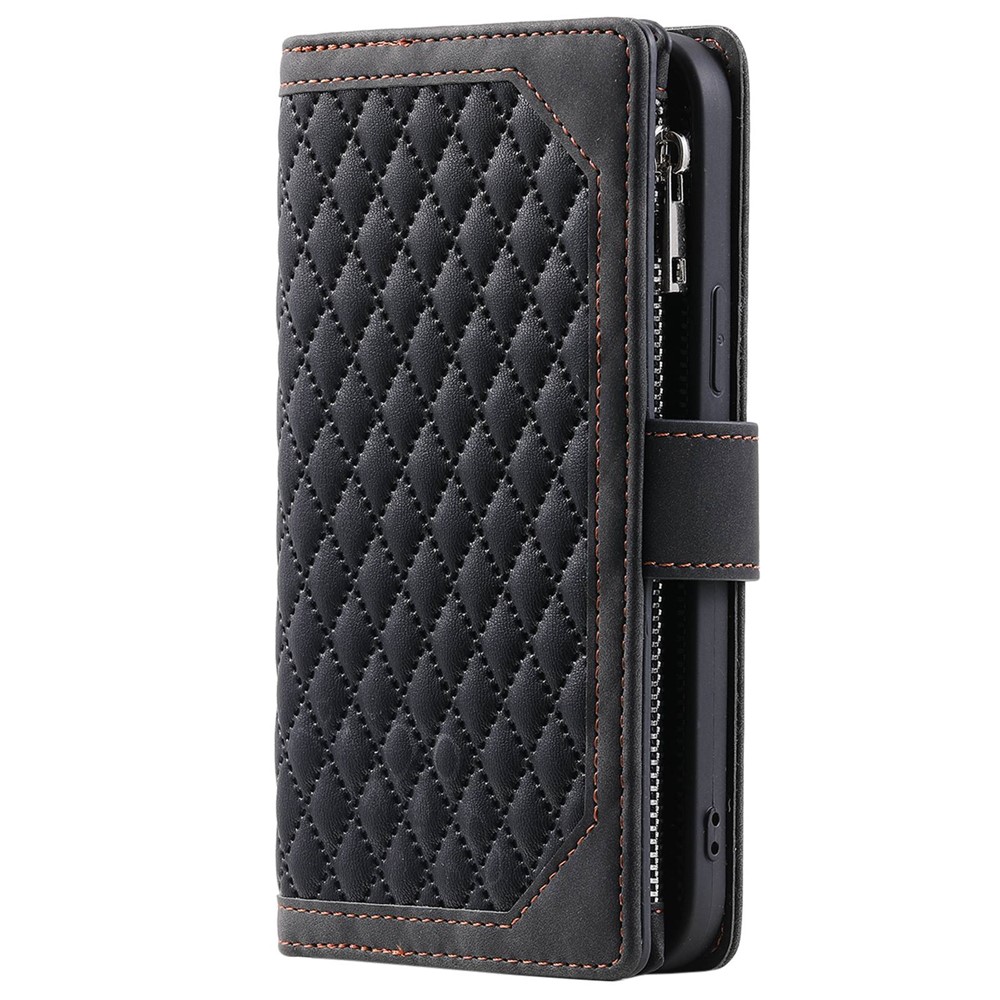 For Samsung Galaxy A04 4G 005 Style PU Leather Magnetic Handbag Rhombus Imprinted Zipper Pocket Multiple Card Slots Wallet Stand Cover with Wrist Strap - Black-9