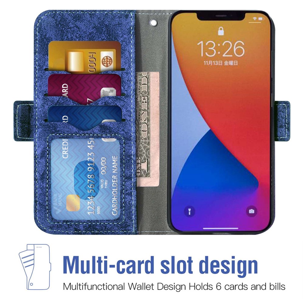 For iPhone 12 Pro Max 6.7 inch PU Leather Stand Wallet Case Water-ink Painting Texture Rotating Card Slots Shockproof Phone Cover - Blue-2