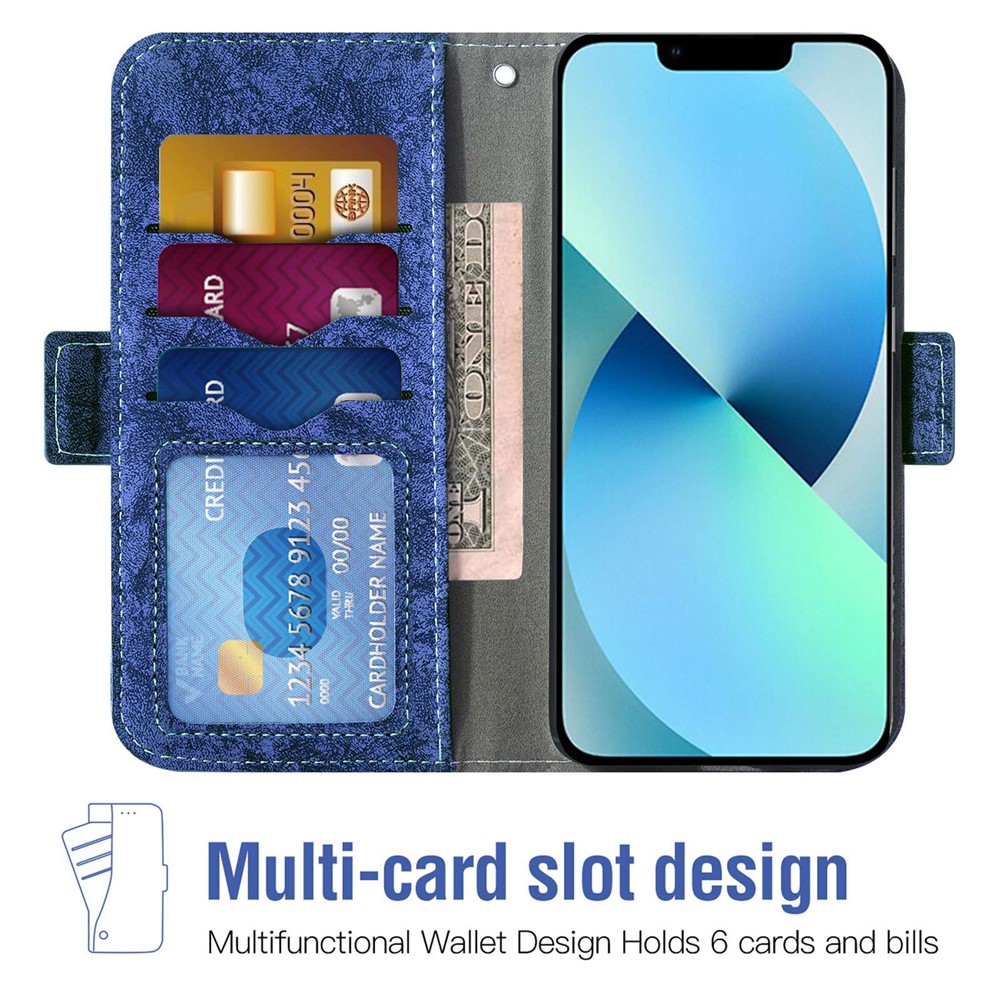 For iPhone 13 Pro Max 6.7 inch PU Leather Water-ink Painting Texture Magnetic Clasp Wallet Stand Case Rotating Card Holder Phone Shell - Blue-2
