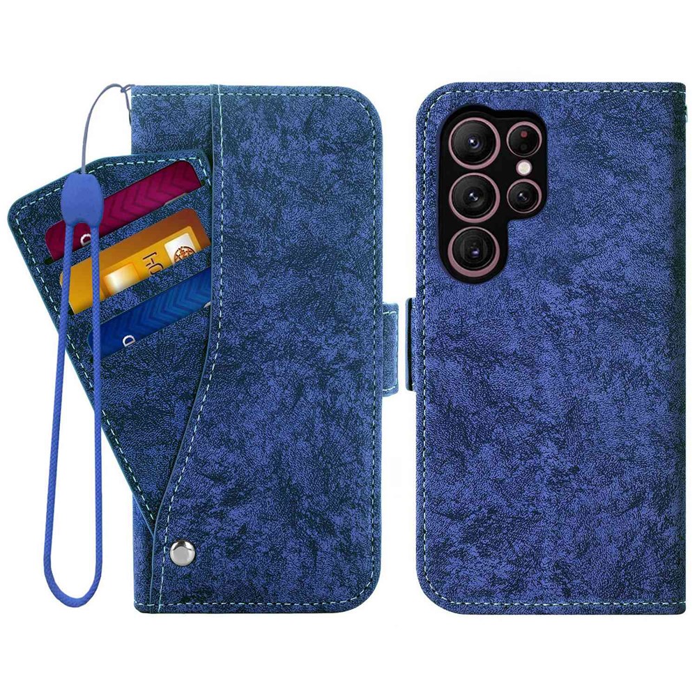 For Samsung Galaxy S22 Ultra 5G PU Leather Water-ink Painting Texture Stand Case Rotating Card Slots Phone Wallet Cover - Blue-1