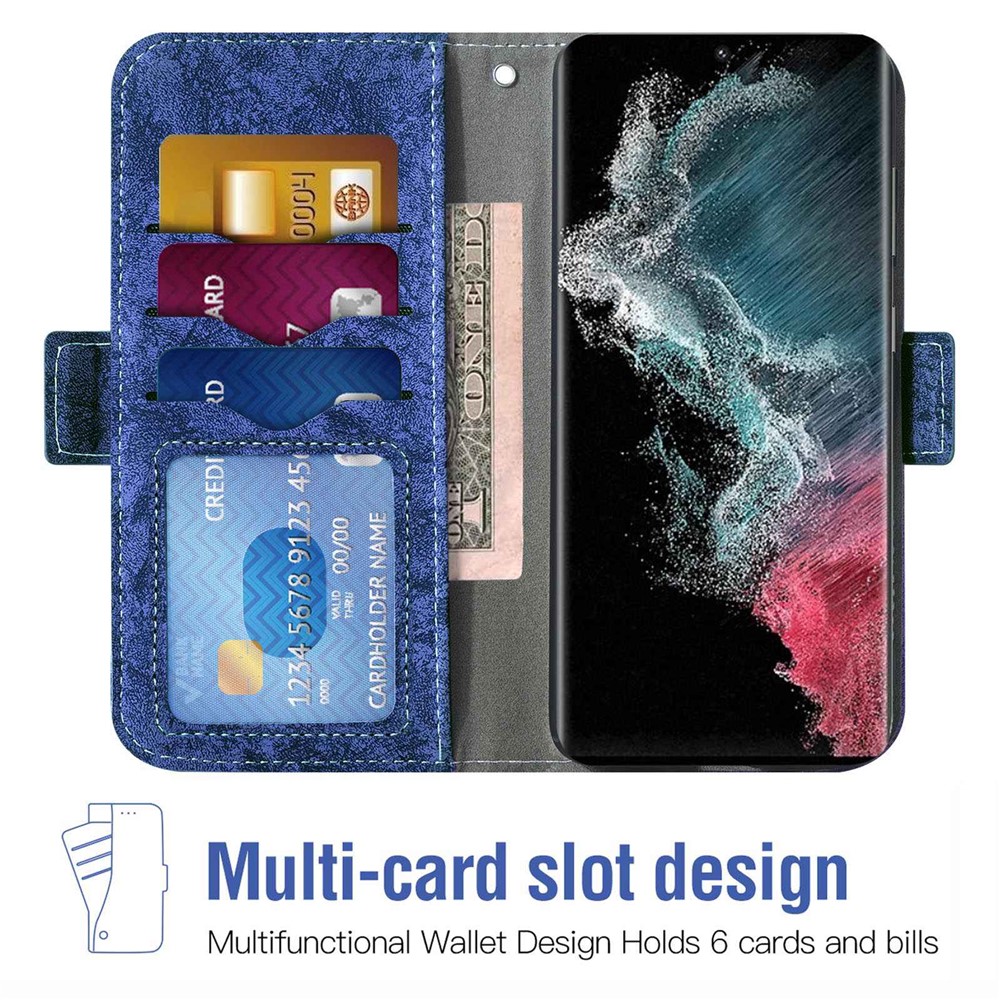 For Samsung Galaxy S22 Ultra 5G PU Leather Water-ink Painting Texture Stand Case Rotating Card Slots Phone Wallet Cover - Blue-2