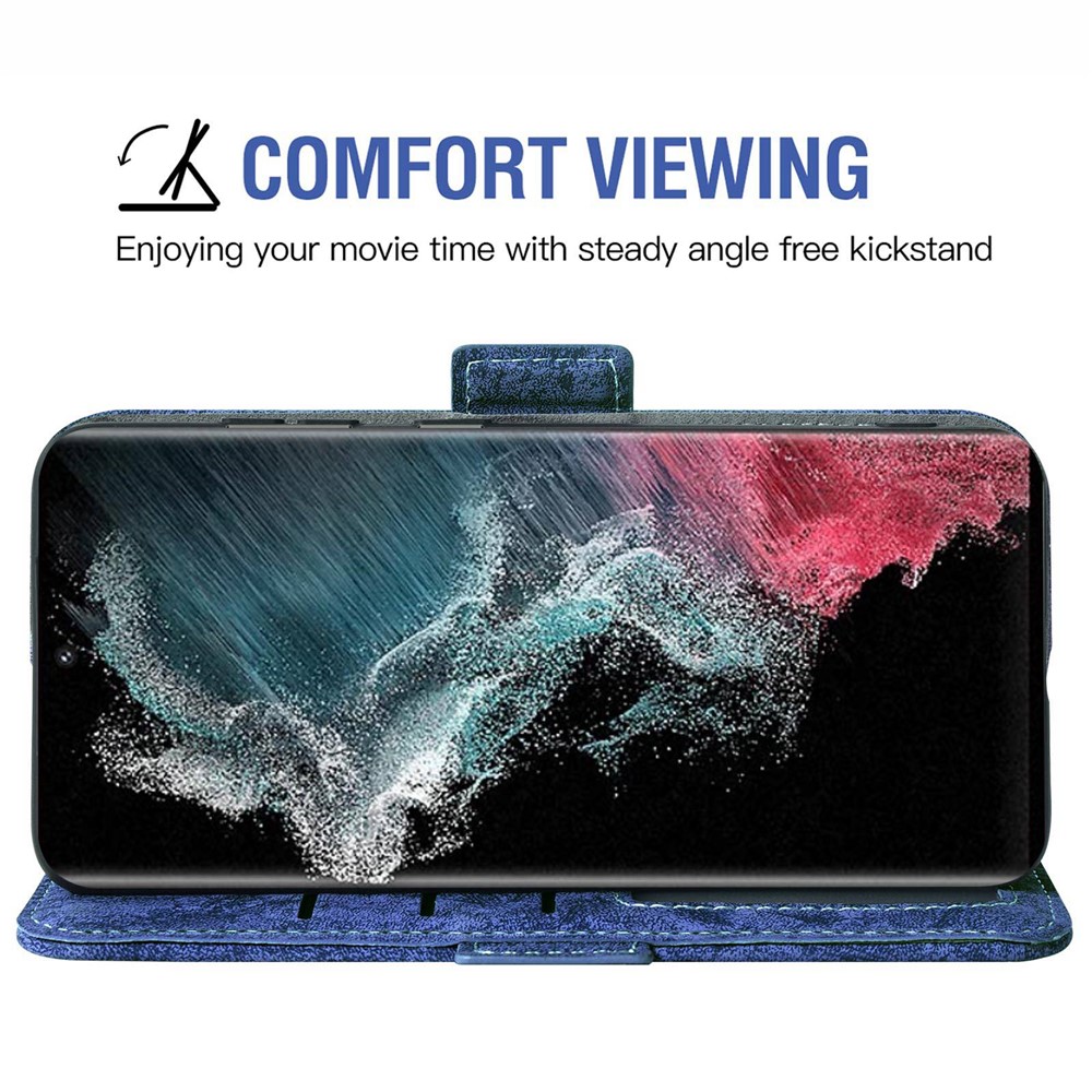 For Samsung Galaxy S22 Ultra 5G PU Leather Water-ink Painting Texture Stand Case Rotating Card Slots Phone Wallet Cover - Blue-3