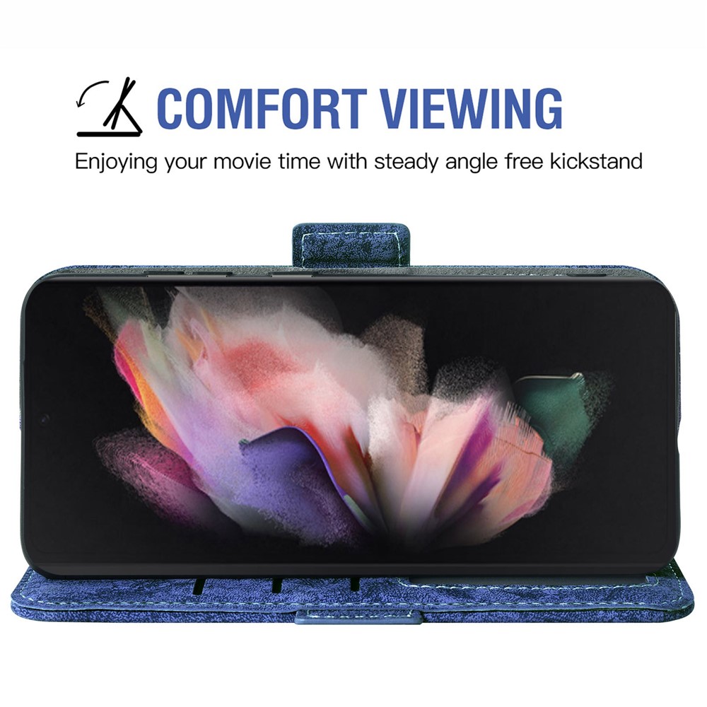 For Samsung Galaxy Z Fold3 5G PU Leather Stand Case Water-ink Painting Texture Phone Wallet Cover with Rotating Card Slots - Blue-3