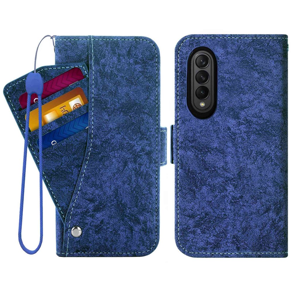 For Samsung Galaxy Z Fold4 5G PU Leather Rotating Card Slots Case Water-ink Painting Texture Wallet Stand Magnetic Flip Cover with Strap - Blue-1