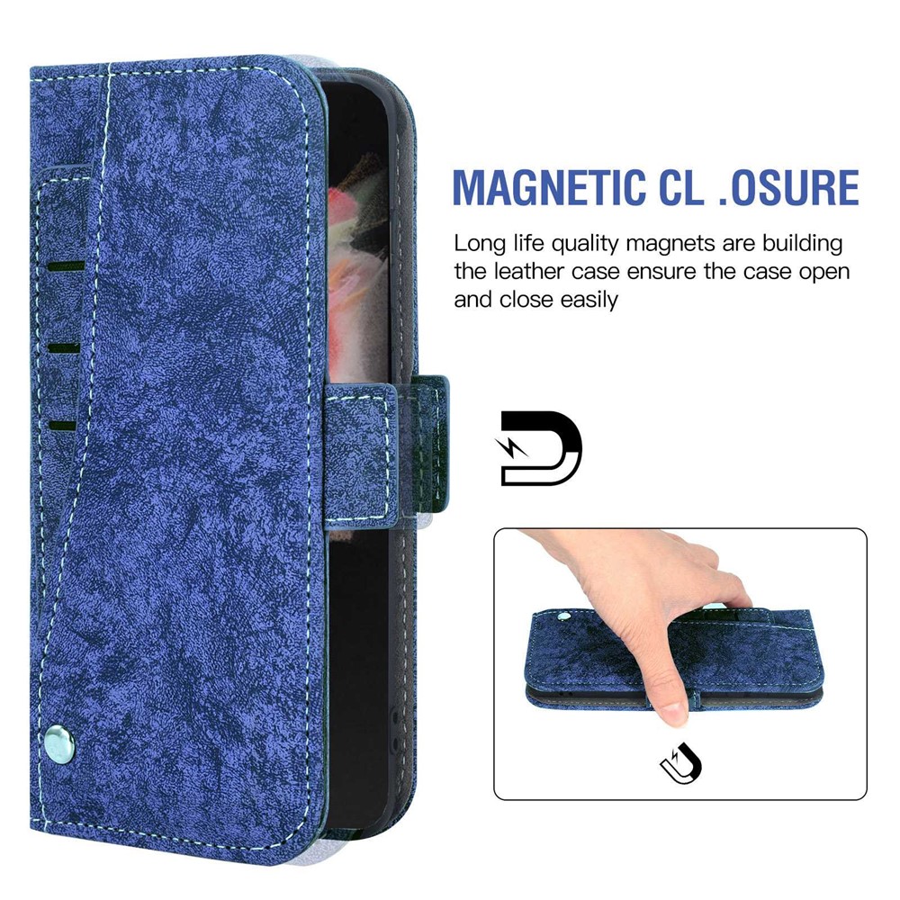 For Samsung Galaxy Z Fold4 5G PU Leather Rotating Card Slots Case Water-ink Painting Texture Wallet Stand Magnetic Flip Cover with Strap - Blue-4