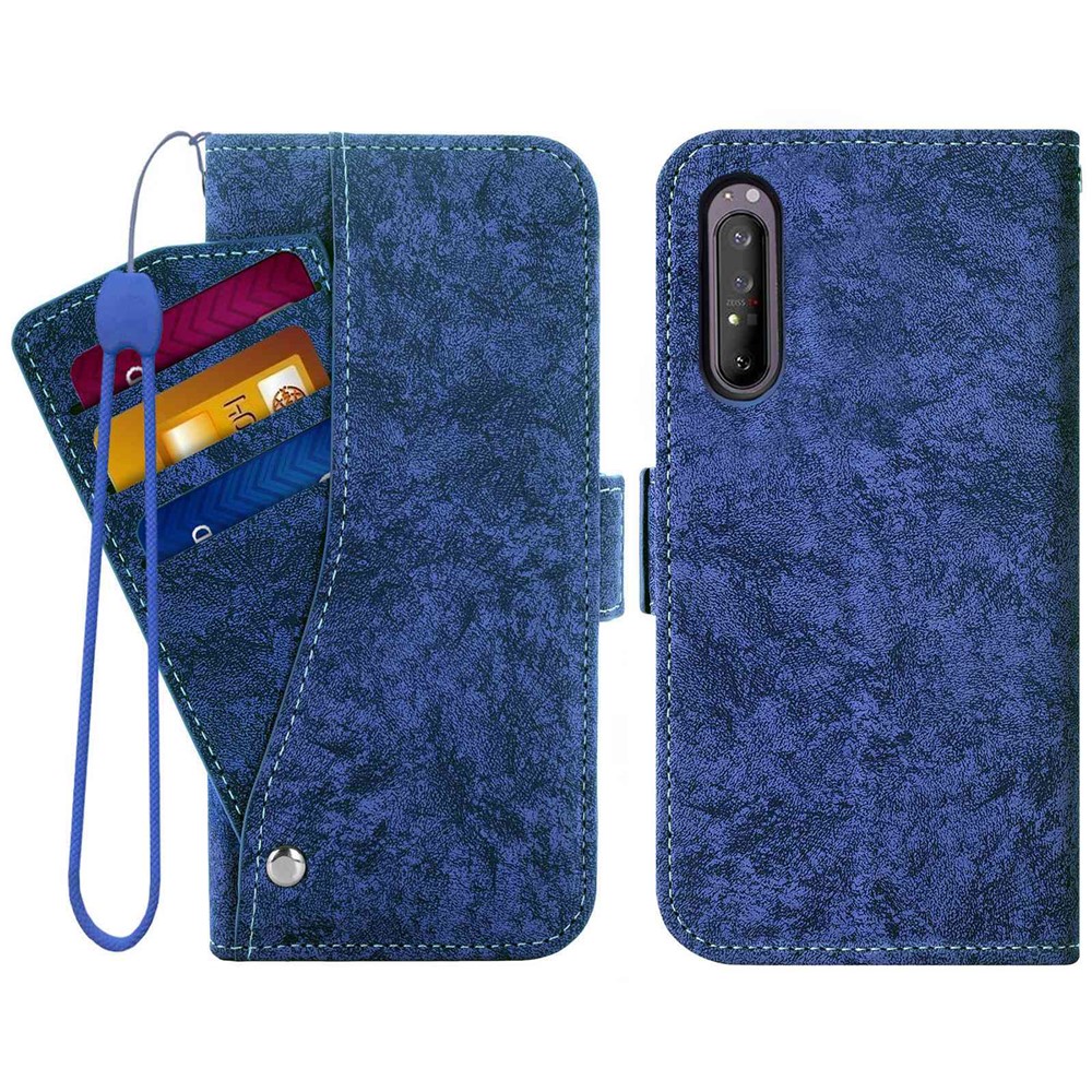 For Sony Xperia 1 IV 5G PU Leather Flip Wallet Case Water-ink Painting Texture Stand Double Magnetic Clasp Cover with Rotating Card Slots Holder - Blue-1