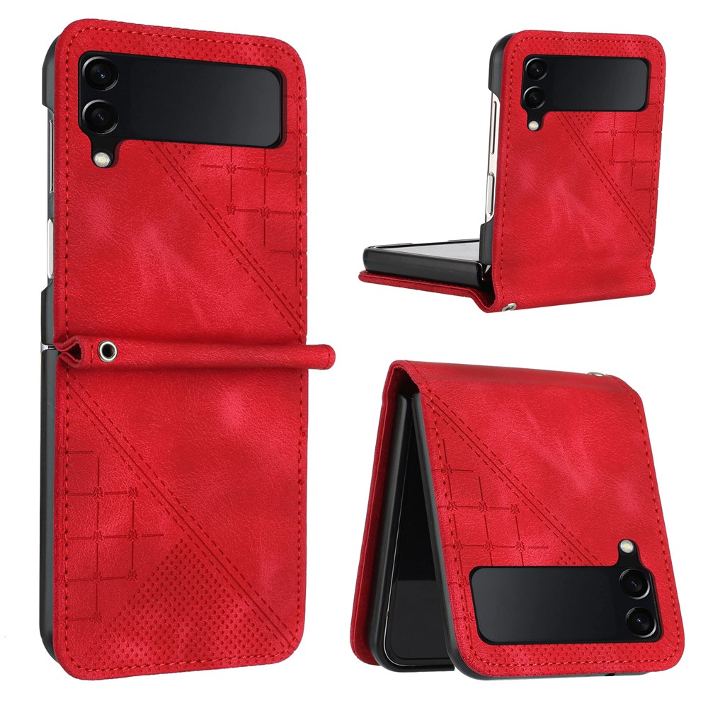For Samsung Galaxy Z Flip3 5G Leather Wallet Case Butterfly Flower Imprinted Phone Cover with Strap - Red