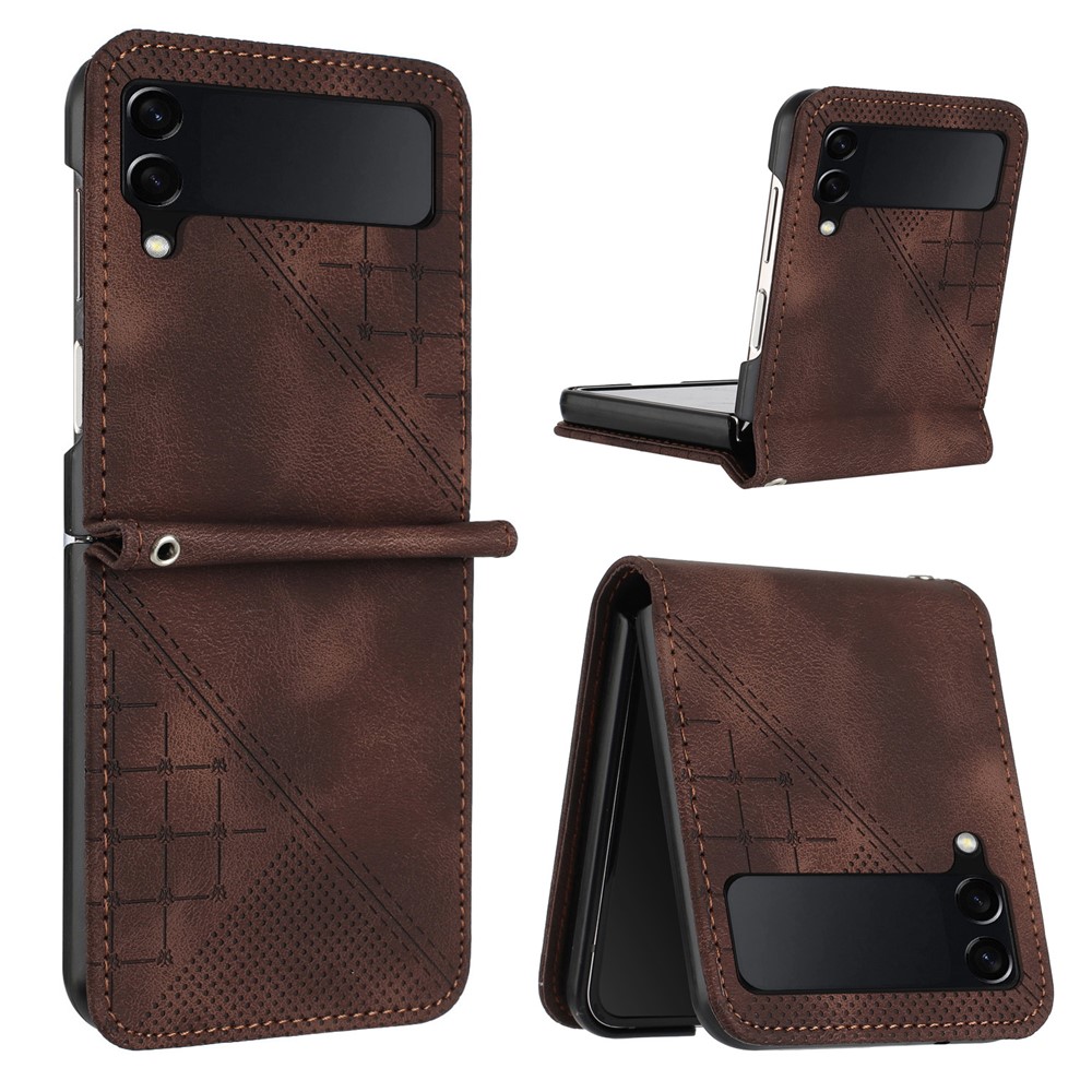 For Samsung Galaxy Z Flip3 5G Leather Wallet Case Butterfly Flower Imprinted Phone Cover with Strap - Brown