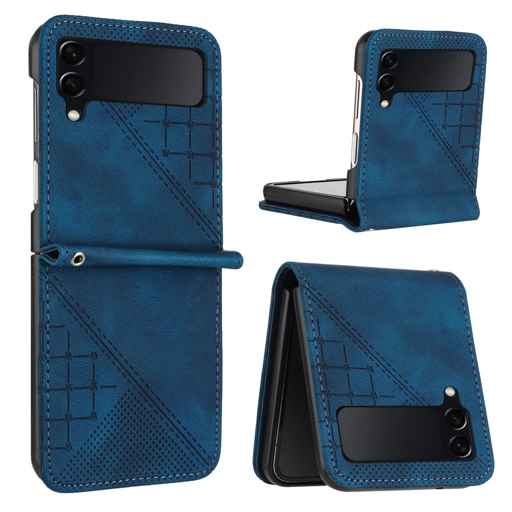 For Samsung Galaxy Z Flip3 5G Leather Wallet Case Butterfly Flower Imprinted Phone Cover with Strap - Sapphire