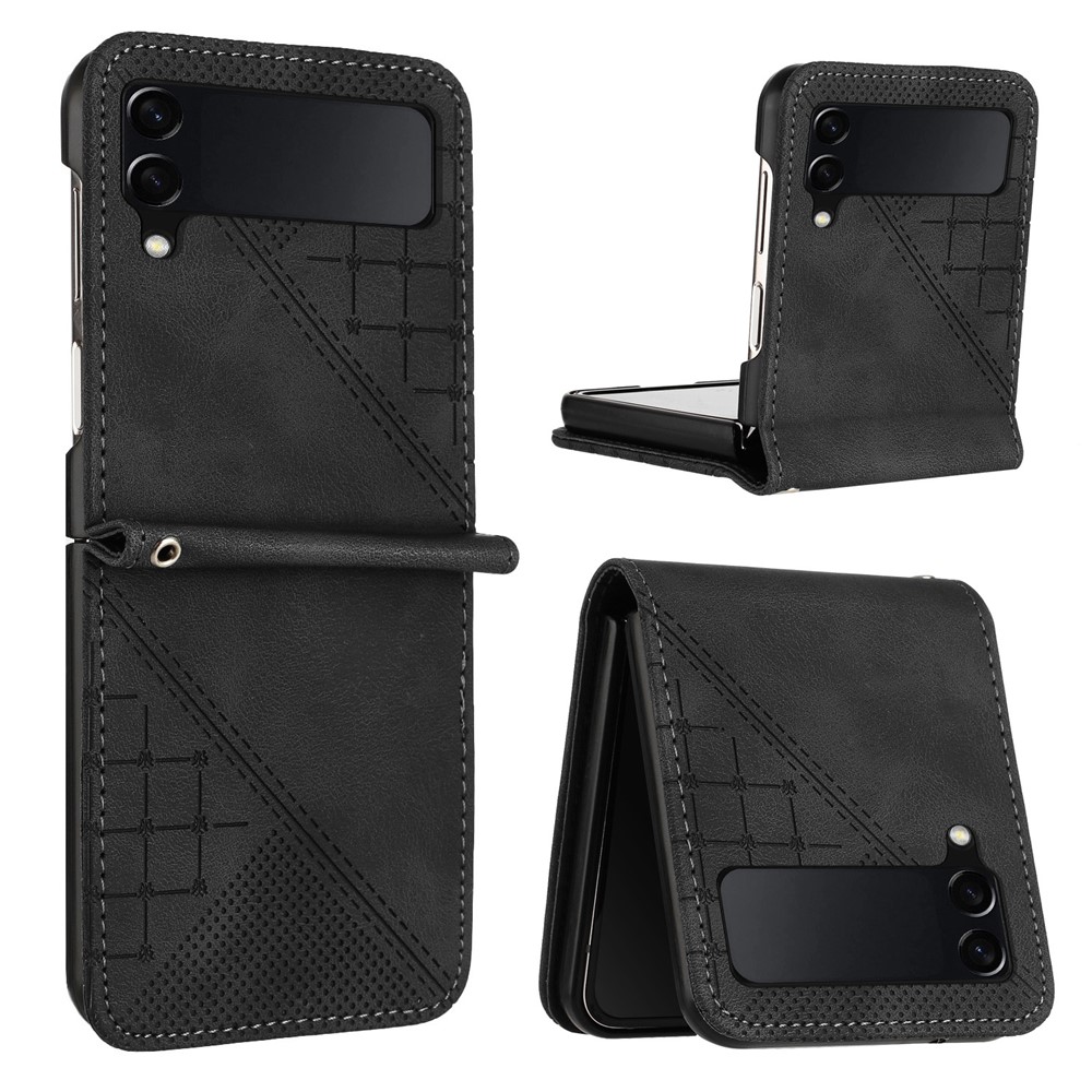 For Samsung Galaxy Z Flip3 5G Leather Wallet Case Butterfly Flower Imprinted Phone Cover with Strap - Black