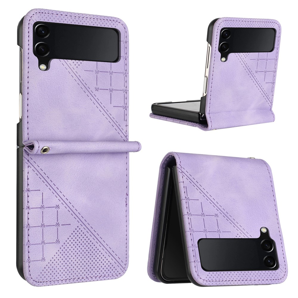 For Samsung Galaxy Z Flip3 5G Leather Wallet Case Butterfly Flower Imprinted Phone Cover with Strap - Light Purple