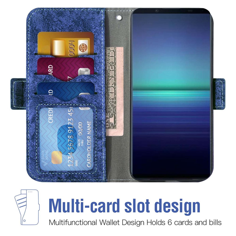 For Sony Xperia 5 III 5G Water-ink Painting Texture Flip Wallet Case PU Leather Stand Magnetic Closure Rotating Card Slots - Blue-2