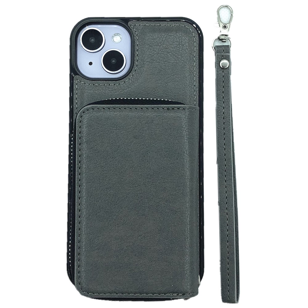 For iPhone 15 Plus Case Detachable Zipper Card Bag PU+TPU Kickstand Phone Case with Strap - Grey
