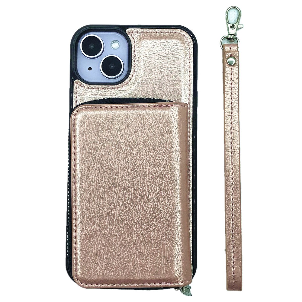 For iPhone 15 Plus Case Detachable Zipper Card Bag PU+TPU Kickstand Phone Case with Strap - Rose Gold