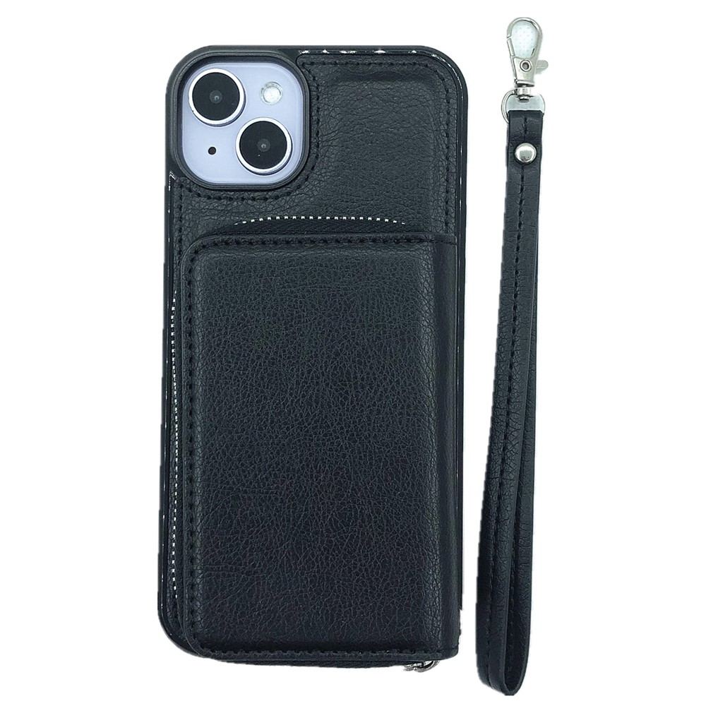 For iPhone 15 Case Detachable Zipper Card Bag PU+TPU Kickstand Phone Case with Strap - Black