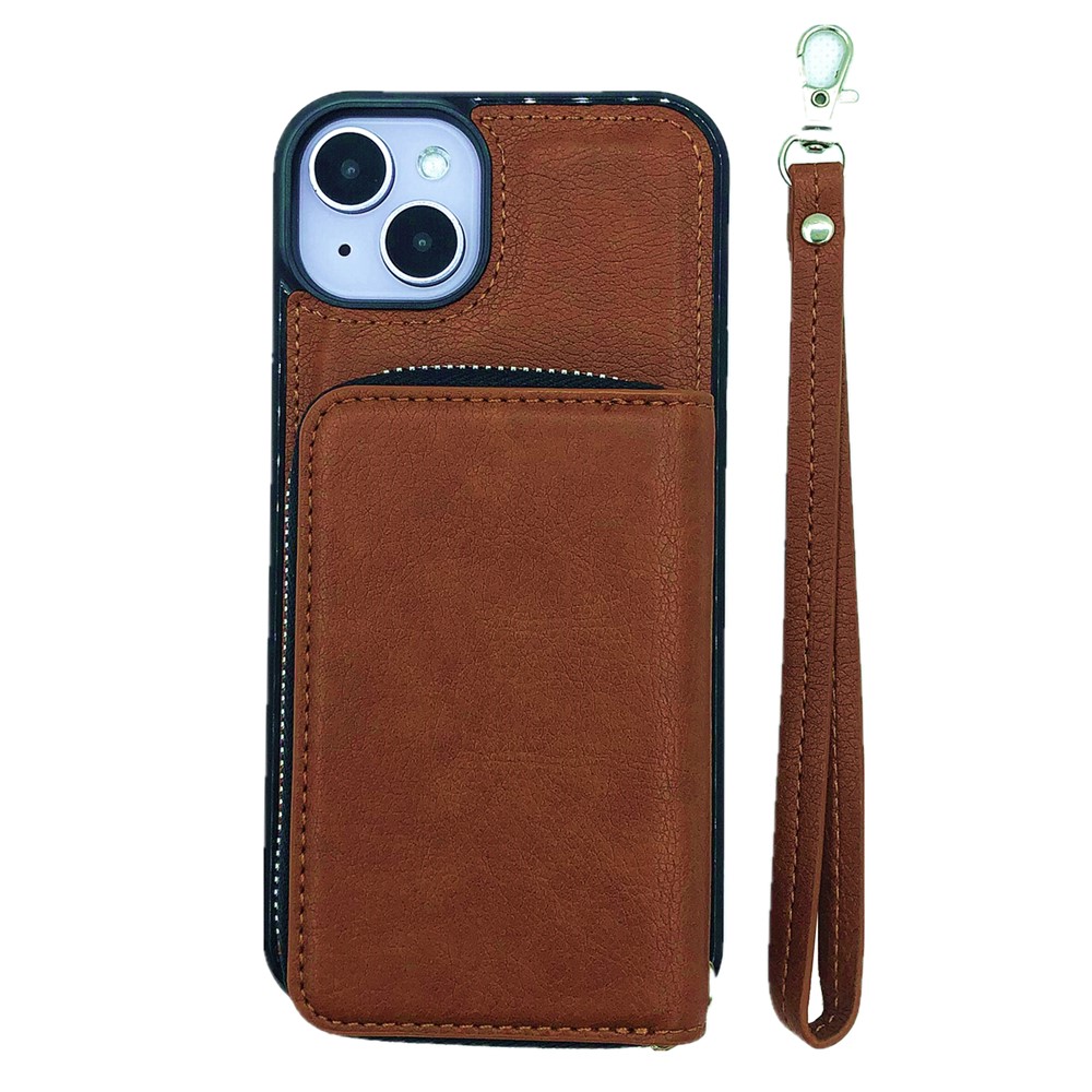 For iPhone 15 Case Detachable Zipper Card Bag PU+TPU Kickstand Phone Case with Strap - Brown