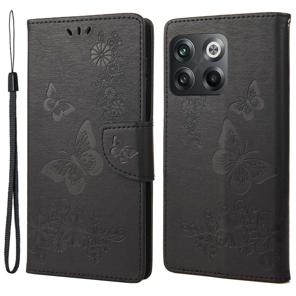 For OnePlus 10T 5G / Ace Pro 5G Big Butterflies Flower Pattern Imprinting Leather Case Magnetic Clasp Stand Wallet Cover with Strap - Black-1