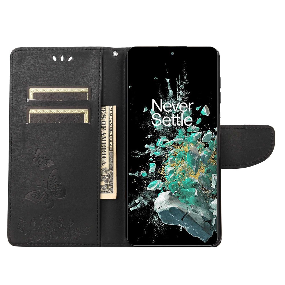For OnePlus 10T 5G / Ace Pro 5G Big Butterflies Flower Pattern Imprinting Leather Case Magnetic Clasp Stand Wallet Cover with Strap - Black-2
