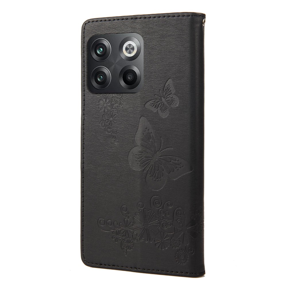 For OnePlus 10T 5G / Ace Pro 5G Big Butterflies Flower Pattern Imprinting Leather Case Magnetic Clasp Stand Wallet Cover with Strap - Black-7