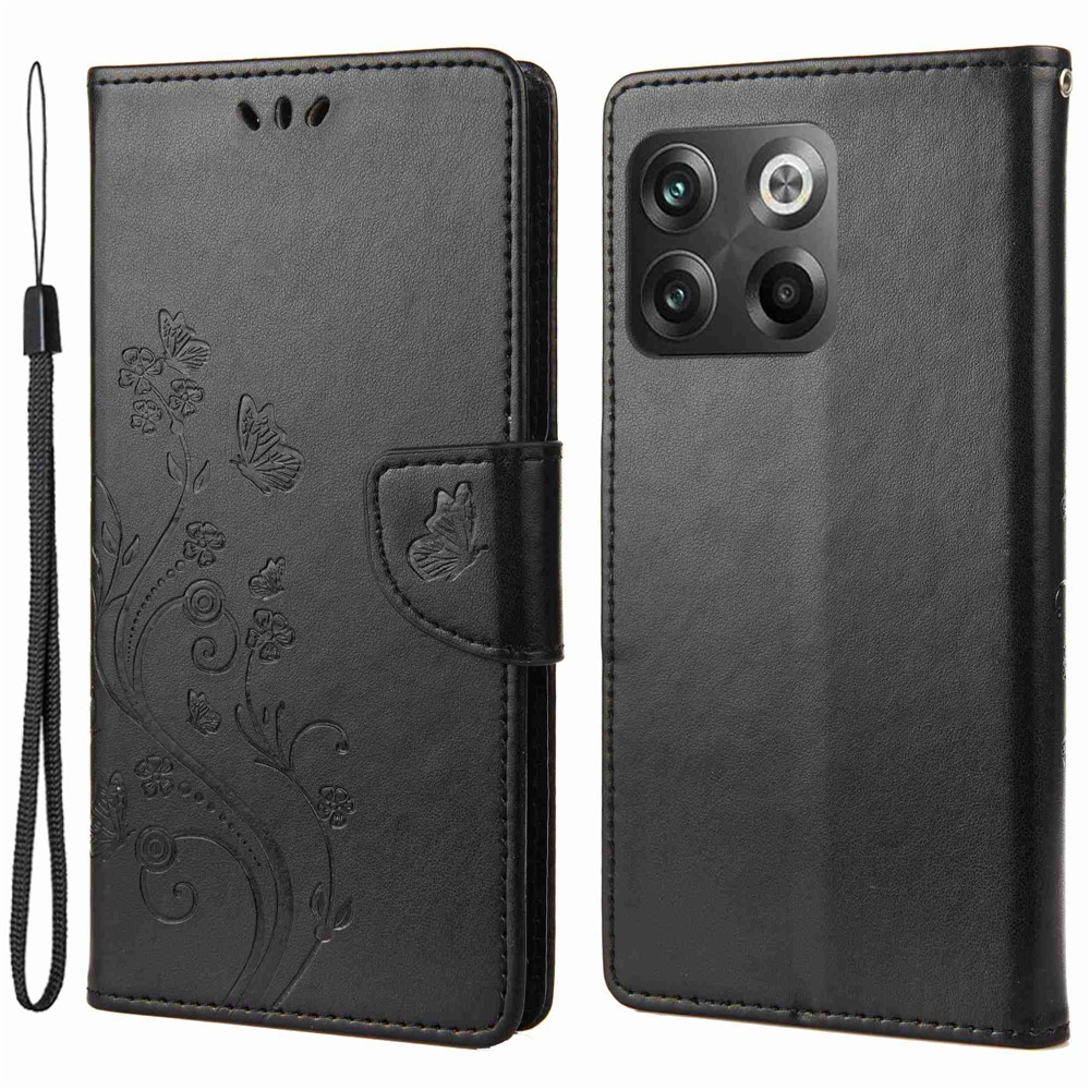 For OnePlus 10T 5G / Ace Pro 5G Wallet Stand PU Leather Imprinting Flower Butterflies Case Full Protection Inner TPU Phone Cover with Strap - Black-1