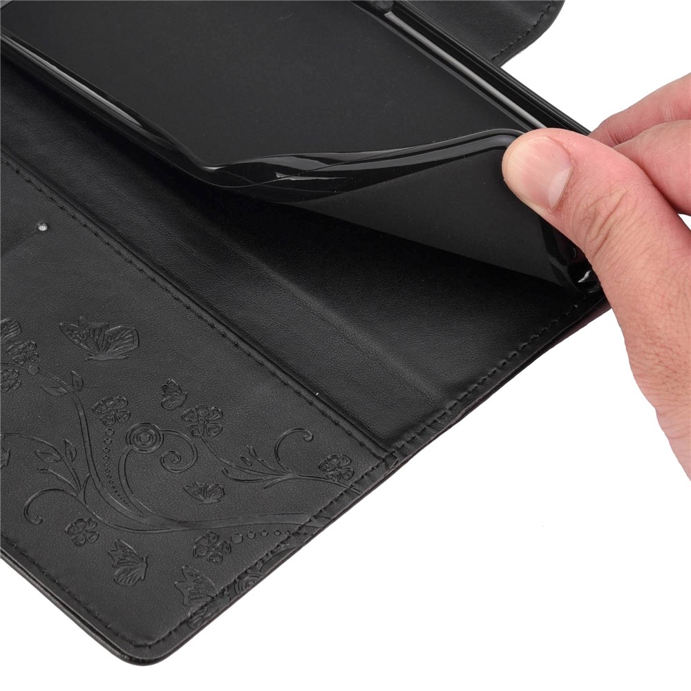 For OnePlus 10T 5G / Ace Pro 5G Wallet Stand PU Leather Imprinting Flower Butterflies Case Full Protection Inner TPU Phone Cover with Strap - Black-5