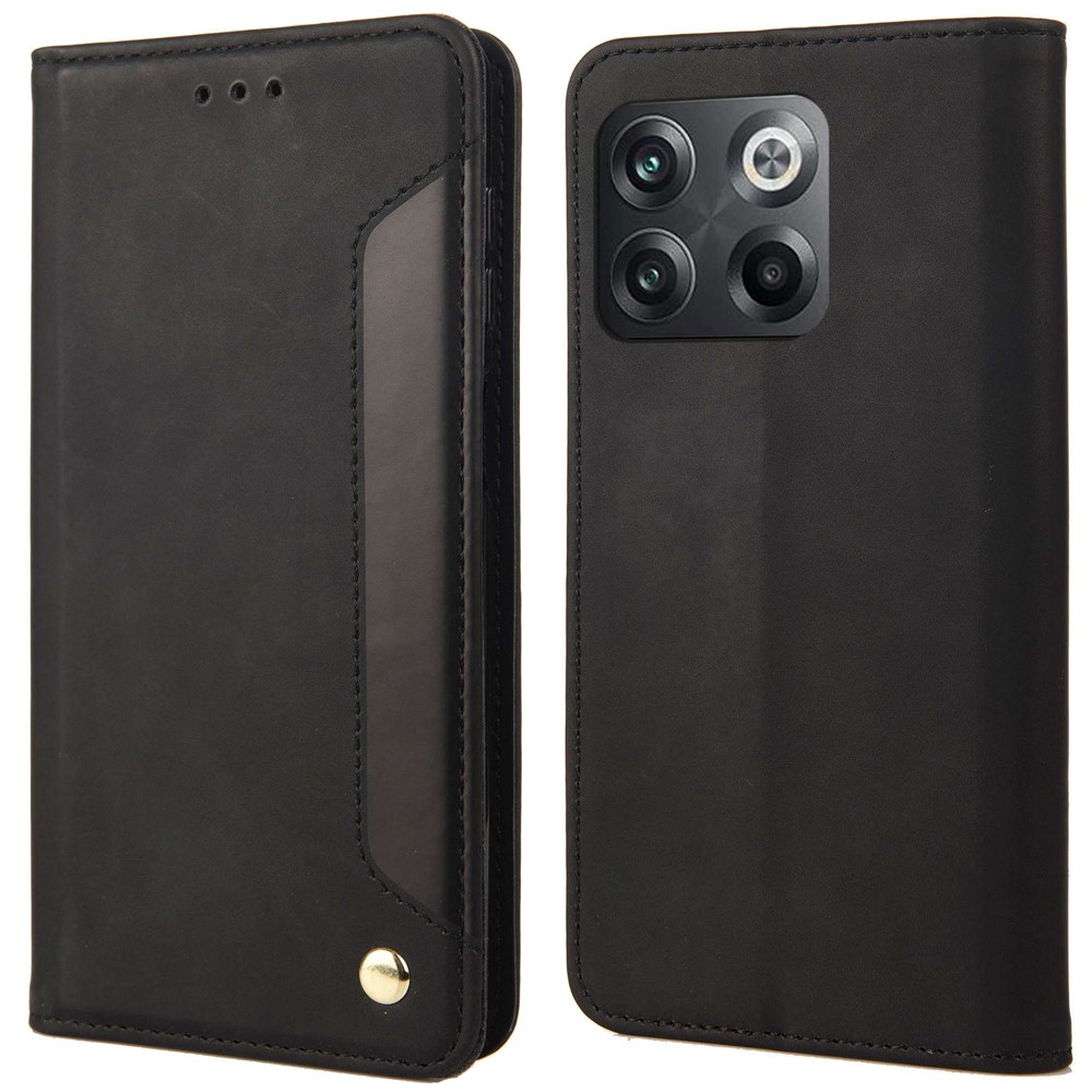 For OnePlus 10T 5G / Ace Pro 5G Splicing Skin-touch Feeling Phone Case PU Leather Magnetic Auto-absorbed Cover with Stand Wallet - Black-1