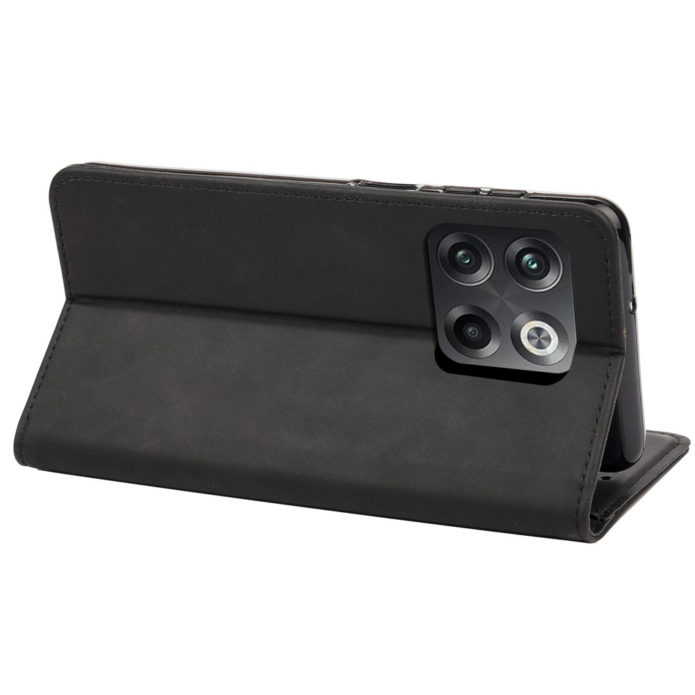 For OnePlus 10T 5G / Ace Pro 5G Splicing Skin-touch Feeling Phone Case PU Leather Magnetic Auto-absorbed Cover with Stand Wallet - Black-4