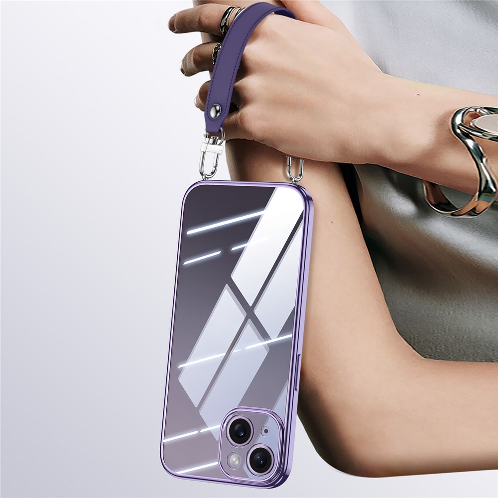 SULADA For iPhone 15 Case Electroplating Ultra Clear Soft TPU Phone Cover with PU Wrist Strap - Purple