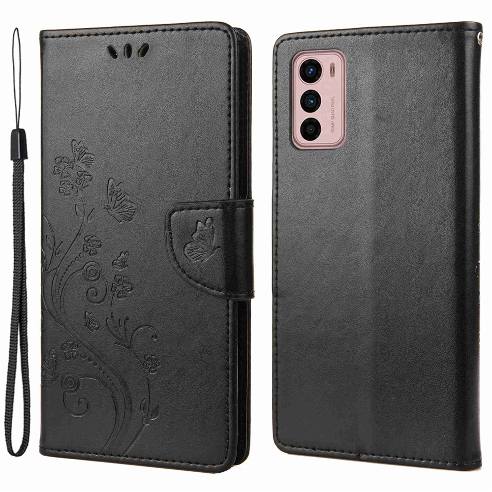 Wallet Stand Leather Case for Motorola Moto G42 4G, Imprinting Flower Butterflies Folio Flip Phone Cover with Strap - Black-1